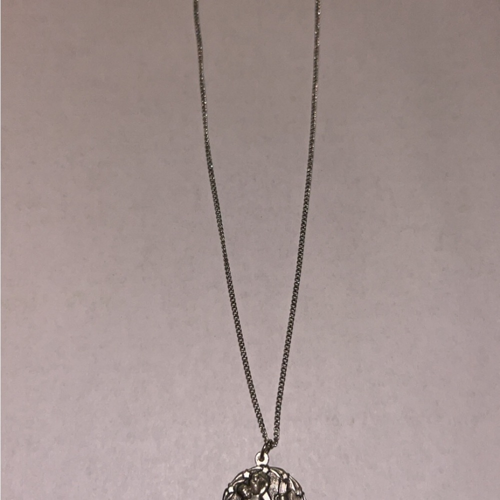 Religious Silver Tone Pendant Necklace
